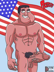 1male abs american_dad big_penis blue_background cleft_chin erect_nipples erection feet_out_of_frame holding_penis huge_cock inviting_to_sex large_chin looking_at_viewer male_only masturbation nude pecs presenting_penis raw_daddies smiling stan_smith teeth_showing veiny_penis