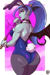 1girls ass back_view blue_hair blue_skin bunny_costume bunny_ears bunny_girl bunnysuit deepbeef earring earrings female hades_(game) hi_res holding_object leotard looking_at_viewer looking_back megaera_(hades) muscular_female open_back pinup ponytail scruffyturtles whip wings