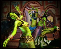 4girls belly_dancer belly_dancer_outfit black_hair bracelet dancer dancer_outfit dancing green_skin harem harem_girl harem_outfit jewelry large_breasts multiple_girls mylochka original_character orion_(species) orion_slave_girl skirt star_trek veil