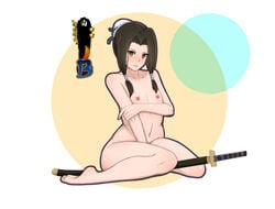 1boy androgynous arm_under_breasts bangs barefoot black_hair blush breasts brown_eyes completely_nude covering_crotch embarrassed embarrassed_nude_femboy embarrassed_nude_male enf feet femboy girly hair_bun haku_(naruto) heart-shaped_pupils katana kneeling long_hair male male_only naked naruto naruto_(classic) naruto_(series) naruto_shippuden nipples nude pettanko seisen seiza shounen_jump sitting small_breasts soles sword tied_hair toes trap wariza weapon