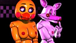 3d 4k absurd_res anthro blue_eyes breasts checkered_background chick chicken disboi215 female_fox female_only finger_on_lip five_nights_at_freddy's five_nights_at_freddy's_2 fox green_eyes mangle_(fnaf) pink_nipples red_nipples robot sfm shy small_breasts source_filmmaker toy_chica_(fnaf) white_body white_skin yellow_body yellow_skin yuri