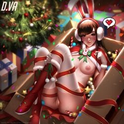 1girls areolae ass box breasts brown_hair bunny_ears christmas christmas_outfit christmas_tree d.va duplicate female female_only freckles girl_in_a_box gloves hand_on_leg headphones heart highres in_container legwear liang_xing long_hair looking_at_viewer medium_breasts nipples overwatch pussy shoes smile solo spoken_heart stockings thick_thighs thighhighs thighs uncensored