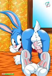 1boy anthro anthro_only anus ass balls bbmbbf bed bedroom buster_bunny gay looking_at_viewer male male_only masturbation open_mouth palcomix penis rabbit rear_deliveries solo tiny_toon_adventures tongue warner_brothers