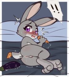 ! absurd_res anthro anus ass bed bed_sheet bedding blush bodily_fluids border bunnybits carrot detailed_background disney eggplant embarrassed female food fruit fur furniture genital_fluids genitals grey_body grey_fur hi_res holding_carrot holding_food holding_object holding_vegetable judy_hopps lagomorph leporid looking_at_viewer lying mammal nude on_side open_mouth plant purple_eyes pussy pussy_juice rabbit rear_view solo toe_curl vegetable white_border zootopia