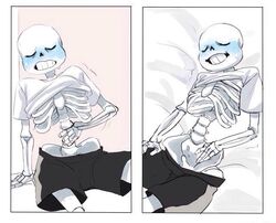 2015 animated_skeleton blue_blush blush cheztnuts closed_eyes duplicate groping_self male_only masturbation monster pants_down sans sans_(undertale) shirt_lift shirt_pulled_up shirt_up skeleton solo touching_self undead undertale undertale_(series)