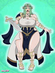 1girls abc_123 alternate_costume bbw big_ass big_breasts cleavage dancer fire_emblem fire_emblem:_three_houses green_background green_eyes green_hair looking_at_viewer naughty_face nintendo pale-skinned_female pale_skin pink_nipples posing rhea_(fire_emblem) seducing shiny_skin smiling smiling_at_viewer solo solo_female sword thick_thighs voluptuous wide_hips wink winking winking_at_viewer