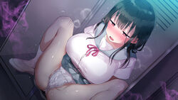 bangs black_hair blush bourei_kyoushi_x_kyonyuu_seito_yoru_no_gakkou_de_oitsukaretara_saigo breasts breath cameltoe embarrassed feet female female_focus groin half-closed_eyes highres in_container in_locker indoors large_breasts legs locker locker_room long_hair nose_blush open_mouth original panties pussy pussy_juice pussy_juice_drip red_eyes school_uniform shichimi_manbou shoes sitting skirt socks solo spread_legs thighs trembling underwear upskirt wet