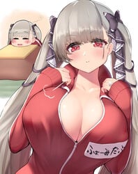 1girls azur_lane big_breasts blush breasts c: cleavage earrings eyebrows_visible_through_hair female formidable_(azur_lane) grey_hair hair_ribbon hands_on_breasts jersey large_breasts long_hair looking_at_viewer red_eyes ring tied_hair twintails two-tone_ribbon ushimittsu very_long_hair