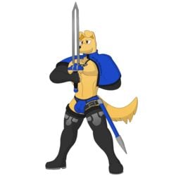 anthro balls_outline bird_dog boots briefs bulge canid canine canis clothed clothing domestic_dog footwear fur genital_outline golden_retriever hair hunting_dog jewelry male mammal melee_weapon muscular necklace notkastar pecs penis_outline retriever solo sword templar underwear weapon