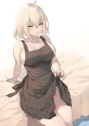 1girls apron bangs blonde_hair blush breasts fate/grand_order fate_(series) female female_only itohana jeanne_alter large_breasts looking_away naked_apron short_hair thighs yellow_eyes