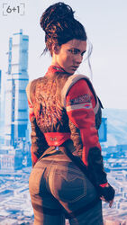 1girls 3d big_ass big_bun clothing cyberpunk_2077 female female_only fully_clothed hair_bun jeans looking_at_viewer panam_palmer sixplusone solo streetwear