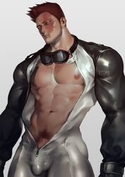 1boy abs bara blue_eyes burn_scar chest_hair dilf endeavor_(my_hero_academia) enji_todoroki goggles_around_neck kzhma male male_focus male_only muscle muscular muscular_male my_hero_academia open_clothes pecs penis_bulge penis_outline penis_peek pubes pubic_hair red_hair red_pubic_hair scar scar_across_eye short_hair solo solo_focus solo_male