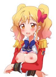 aikatsu!_(series) aikatsu_stars! blue_bow blue_neckwear bow bowtie bra bra_lift breasts breasts_out collared_jacket collared_shirt cropped_torso crossed_arms cum cum_on_body cum_on_breasts cum_on_hair embarrassed epaulettes eyebrows_visible_through_hair facial female gold_trim gradient_hair hairbow jacket kumahubuki long_hair long_sleeves looking_at_viewer multicolored_hair nijino_yume nipples open_clothes open_jacket open_mouth open_shirt orange_eyes pink_bow pink_bra pink_hair raised_eyebrows red_jacket s4_uniform school_emblem school_uniform shiny shiny_hair shiny_skin shirt simple_background solo star_(symbol) straight striped striped_bow tearing_up twintails underwear upper_body wavy_hair wavy_mouth white_background white_shirt yellow_stripe