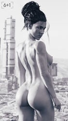 1girls 3d ass black_and_white breasts completely_nude cyberpunk_2077 dat_ass female female_only nipples nude nude_female panam_palmer sixplusone solo