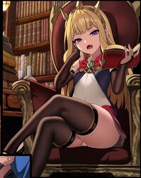 absurdres blonde_hair cagliostro_(granblue_fantasy) crossed_legs female fully_clothed granblue_fantasy grimgrim highres legs_crossed long_hair panties pantyshot purple_eyes skindentation solo thighs tiara underwear