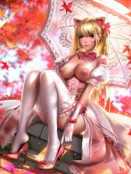 animal_ears areolae big_breasts blonde_hair bowtie breasts cat_ears corset d.va dress falling_leaves female female_only gloves high_heels highres knees_together_feet_apart leaves legwear liang_xing lips long_hair looking_at_viewer nipples outside overwatch overwatch_2 overwatch_anniversary pussy shoes sitting solo_female stockings thick_thighs thighhighs thighs umbrella white_cat_d.va