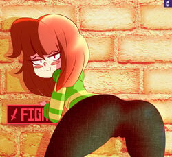 1girls ass ass_to_viewer blushing brick_wall brown_hair butt chara deviantart eyelashes fanart female_only green_sweater hoodie human indigopencil leggings long_hair long_sleeves looking_at_viewer looking_back pussy_visible_through_clothes realistic_background red_eyes smile smiling smirk smirking striped_clothing undertale undertale_fanfiction video_game video_games