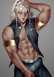 1boy abs armbands armlet big_hands bulge clothed clothing demon_slayer erection_under_clothes facepaint facial_mark gold_(metal) hair_down hand_on_head jacket_open jewelry kimetsu_no_yaiba kzhma male male_focus male_only muscle muscular muscular_male one_arm_up open_shirt painting_(artwork) penis_under_clothes realistic red_eyes silver_hair sleeveless solo solo_focus solo_male uzui_tengen white_hair