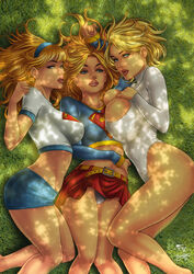 2021 2d 3girls abs big_ass big_breasts blonde_hair blue_clothing blue_eyes blue_miniskirt blue_skirt bob_cut bubble_butt cedric_humbert cleavage cleavage_overflow cleavage_window crop_top dc dc_comics ed_benes_studio female female_only fred_benes kara_danvers kara_zor-el kara_zor-l karen_starr large_breasts leotard linda_danvers lipstick long_hair long_sleeves looking_at_viewer lying medium_breasts miniskirt multiverse panties pencil_skirt pleated_skirt power_girl red_bed red_lipstick skirt skirt_lift supergirl superman_(series) thighs thong thong_leotard tight_clothing tight_skirt white_crop_top white_leotard white_panties wide_hips