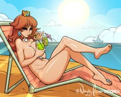 1girls azima beach beach_chair breast_squish breasts busty crossed_legs drink drinking_straw feet female female_focus female_only hourglass_figure long_hair looking_at_viewer mario_(series) nintendo nude nude_female nudity ocean outdoors pose posing princess_daisy ring sand seductive sitting solo toe_ring toes water wide_hips