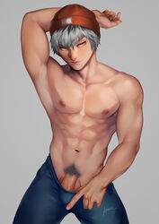 1boy bara bare_chest blue_pants bokuto_koutarou haikyuu!! hand_behind_head kzhma male male_focus male_only muscle pants_only penis_peek pulling_down_pants shirtless shirtless_(male) silver_hair solo solo_focus solo_male yellow_eyes