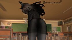 animated ass_focus bending_over blush classroom clothing dark-skinned_female dark_skin ears_up female_only long_hair looking_back no_sound pippoandsara tagme video