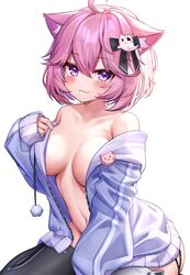 1girls alternate_breast_size big_breasts breasts cat_ears cleavage deaver large_breasts nyatasha_nyanners pink_hair purple_eyes short_hair sweater virtual_youtuber vshojo