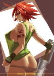 2d girogi looking_at_viewer panties_down purple_eyes pussy red_hair see-through see-through_clothing short_hair side_view sideboob smiling tagme