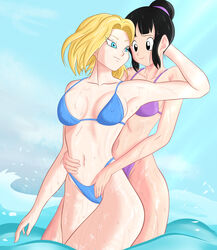 2girls android_18 bikini chichi dragon_ball incog123 looking_at_partner milf multiple_girls no_eyewear swimsuit wet yuri