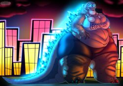 1girls absurd_res anthro bbw belly big_belly big_breasts blue_glow blue_shirt breasts city cleavage clothed clothing dinosaur fat female female_only giantess glowing godzilla godzilla_(series) huge_breasts kaiju macro overweight overweight_female reptile scales scalie sharkbubble shirt shorts size_difference solo thick_tail thick_thighs toho wide_hips