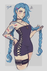 ammunition_belt armpits black_dress blue_hair blush braid bullet bullet_necklace choker clothed collarbone dress ear_piercing earrings female female_only fit hair_accessory hair_clip hand_on_hip holding_hair iahfy jinx_(league_of_legends) league_of_legends long_hair looking_at_viewer mini_dress necklace no_pupils piercing pink_eyes sketch small_breasts tattoo thighs tight_clothing twin_braids twintails