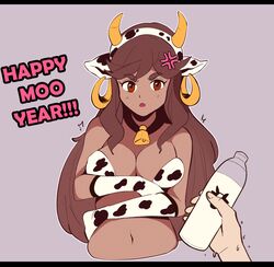 bell bra brown_hair cow_bra cow_ears cow_girl cow_outfit dark_skin dialogue gloves mari mari(tiaramisstsu) milk milk_bottle red_eyes tiaramisstsu