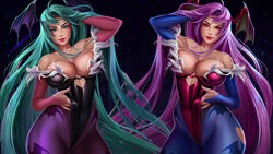 2girls arm_behind_back arm_up arms_up bare_shoulders big_breasts breasts capcom child_bearing_hips cleavage clothed clothing darkstalkers demon_girl demon_wings dual_persona female female_focus female_only fit fit_female flowing_hair green_eyes green_hair hips large_breasts leotard lilith_aensland long_hair looking_at_viewer medium_breasts morrigan_aensland pantyhose prywinko purple_hair red_eyes sisters standing succubi succubus thick_thighs thighs tight_clothing toned toned_female very_long_hair wide_hips