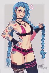 ammunition_belt armpits belly belly_button belt biting biting_tongue blue_hair blush braid bullet bullet_necklace choker cleavage clothed collarbone ear_piercing earrings elbow_gloves eyebrow_piercing female female_only fingerless_gloves fishnet_stockings fit hair_accessory hair_clip hand_on_hip holding_hair iahfy jinx_(league_of_legends) league_of_legends long_hair looking_at_viewer mismatched_thighhighs necklace piercing piercings pink_eyes ripped_clothing ripped_thighhighs short_shorts sideboob small_breasts smirk stomach tattoo thighhighs thighs tongue_piercing twin_braids twintails v-cut v_shape