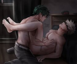 2boys anal anal_penetration anal_sex bakubottom bare_back bare_legs bare_shoulders bare_thighs bareback barefoot bleedingivory blindfold blindfolded blonde_hair cmnm gay genitals green_hair hand_on_penis handjob holding_penis izuku_midoriya katsuki_bakugou legs_around_partner legs_up male male/male male_only male_penetrated male_penetrating male_penetrating_male my_hero_academia nipple_pinch nipple_play nude nude_male open_mouth pants_down penetration penis precum precum_drip scars sex shirtless topless white_hair yaoi