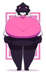 anthro big_breasts black_fur black_hair dewbber eyes female_only fluffy furry half-closed_eyes looking_at_viewer panda pink_sweater pupils smile solo solo_female sweater thick_thighs