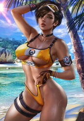 1girls abs bare_shoulders beach big_breasts bikini bikini_bottom bikini_top blizzard_entertainment breasts brown_eyes brown_hair choker clothed clothing eyewear_on_head female female_focus female_only fit fit_female freckles gloves goggles goggles_on_head hand_on_head logan_cure looking_at_viewer navel overwatch palm_tree sand sea short_hair solo solo_female solo_focus standing summer sun thigh_strap thighs toned toned_female tracer tropical underboob underwear underwear_pull union_jack water wet wet_skin