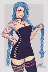 armpits biting biting_tongue black_dress blue_hair blush braid bullet bullet_necklace choker clothed collarbone dress ear_piercing earrings eyebrow_piercing female female_only fishnet_stockings fit hair_accessory hair_clip hand_on_hip holding_hair iahfy jinx_(league_of_legends) league_of_legends long_hair looking_at_viewer mini_dress mismatched_thighhighs necklace no_bra no_panties piercing piercings pink_eyes ripped_clothing ripped_thighhighs small_breasts smirk tattoo thighhighs thighs tight_clothing tongue_piercing twin_braids twintails