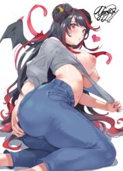 bangs black_hair black_nails blush breasts commentary_request covering covering_ass demon_girl demon_horns demon_wings denim eyebrows_visible_through_hair female fingernails grey_shirt heart highres horns jeans large_breasts long_hair looking_at_viewer multicolored_hair navel nipples no_bra ogino_atsuki original pants red_eyes red_hair shirt simple_background solo stomach swept_bangs twitter underwear very_long_hair white_background wings