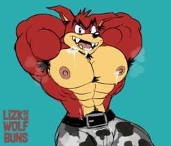 1boy after_sex anthro armpit_hair bulge crash_(series) crunch_bandicoot cum fur furry male male_only muscular muscular_male musk nipples pants pecs sharp_teeth sweat wolfbuns