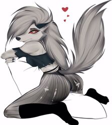 1girls 2021 anthro ass cameltoe canid canid_demon clothing crop_top demon ear_piercing ear_ring female footwear fur grey_body grey_fur grey_hair hair heart hellhound helluva_boss hugging_pillow isterika long_hair looking_at_viewer loona_(helluva_boss) mammal piercing pillow red_sclera shirt simple_background socks solo tight_clothing topwear vivienne_medrano white_body white_eyes white_fur