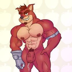 1boy anthro balls beefburner belly_button bulge crash_(series) crunch_bandicoot cyborg flaccid fur furry goatee male male_only muscular_male nude pecs penis precum precum_drip pubic_hair solo solo_male stomach