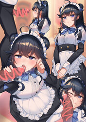 1boy 1girls ahoge alternate_costume apron bangs black_dress black_hair black_pants blue_bow blue_eyes blush bow breasts censored clothing cum double_bun dress dress_shirt ejaculation enmaided eyebrows_visible_through_hair fellatio female frilled_apron frills hair_between_eyes hair_flaps izumo_kasumi_(nijisanji) karin_(a62826704) long_hair long_sleeves looking_at_viewer maid maid_apron male medium_breasts mole mole_under_mouth multiple_views nijisanji one_eye_closed open_mouth oral pants penis pointless_censoring puffy_long_sleeves puffy_sleeves shirt sitting slapping_with_penis straight sweatdrop tongue tongue_out virtual_youtuber white_apron yokozuwari