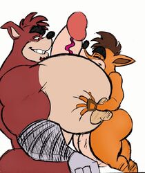 2boys anthro bara bluejewel1999 colored crash_(series) crash_bandicoot crunch_bandicoot fur furry gay large_penis lynnsdarkside male male_only muscular muscular_male paizuri pec_fuck pecs penis simple_background titjob video_games white_background