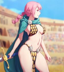 1girls bikini_armor braid chainmail_bikini colosseum female female_only hood large_breasts loincloth one_piece pink_eyes pink_hair rebecca_(one_piece) voluptuous zoryc