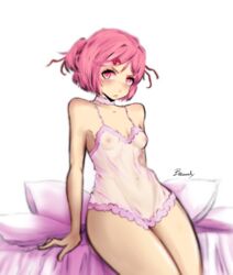 bawdy bed blush choker doki_doki_literature_club female female_focus female_only frown hair_ornament hair_ribbon lingerie natsuki_(doki_doki_literature_club) negligee no_bra no_panties on_bed pillow pink_eyes pink_hair sheer sheer_clothing sitting solo solo_female solo_focus tagme tsundere