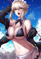 1girls absurdres alternate_breast_size apron arm_behind_back arm_up armpits artoria_pendragon artoria_pendragon_(alter) artoria_pendragon_(swimsuit_rider_alter) bangs bare_shoulders big_breasts bikini black_bikini black_hoodie black_ribbon black_skirt blue_sky blush braid breasts broom choker cleavage cloud confetti cosplay day eyebrows_visible_through_hair fate/grand_order fate_(series) female female_only french_braid frilled_bikini frilled_choker frilled_skirt frills groin hair_between_eyes highres holding holding_broom hood hood_down hoodie large_breasts long_sleeves looking_at_viewer maid maid_bikini maid_headdress maid_uniform miniskirt mountain navel neck_ribbon off_shoulder open_clothes open_hoodie open_mouth outdoors platinum_blonde_hair ribbon short_hair sidelocks skirt sky solo solo_female standing stomach string_bikini swimsuit twitter_username v-shaped_eyebrows waist_apron wet wet_hair white_apron white_choker yellow_eyes yukihama