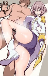 1boy aqua_eyes ass bangs bar_censor blush boots breasts brown_hair censored clothed_female_nude_male collared_jacket commentary_request epaulettes eyebrows_visible_through_hair female frown gloves hair_between_eyes jacket kippuru large_breasts leg_up long_sleeves mujina nude penis shiny shiny_skin short_hair simple_background ssss.dynazenon standing standing_on_one_leg straight testicles thighs uniform white_footwear white_jacket