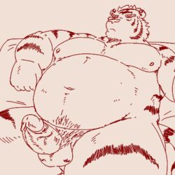 1:1 2020 anthro balls belly edit erection felid genitals kemono low_res male male_only mammal moobs navel nipples overweight overweight_anthro overweight_male pantherine penis run_aki sitting sketch solo tiger uncensored