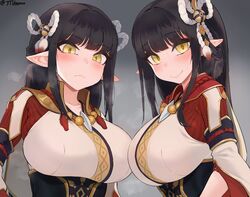 2girls bangs big_breasts black_hair blush clothing elf_ears eyebrows_visible_through_hair female_only frown frowning hair_ornament hinoa japanese_clothes jtveemo large_breasts looking_at_viewer minoto monster_hunter monster_hunter_rise multiple_girls necklace necklaces pointy_ears siblings sidelocks sisters smile smiling steam sweat twins wagashi wyverian yellow_eyes